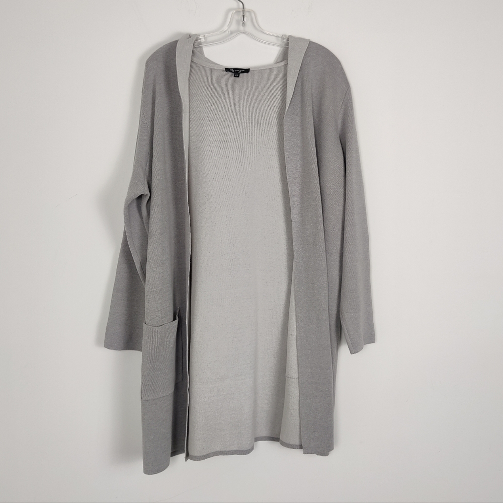 Lily Morgan Women's Open Front Hooded Cardigan in Gray Size Large Pockets Cotton